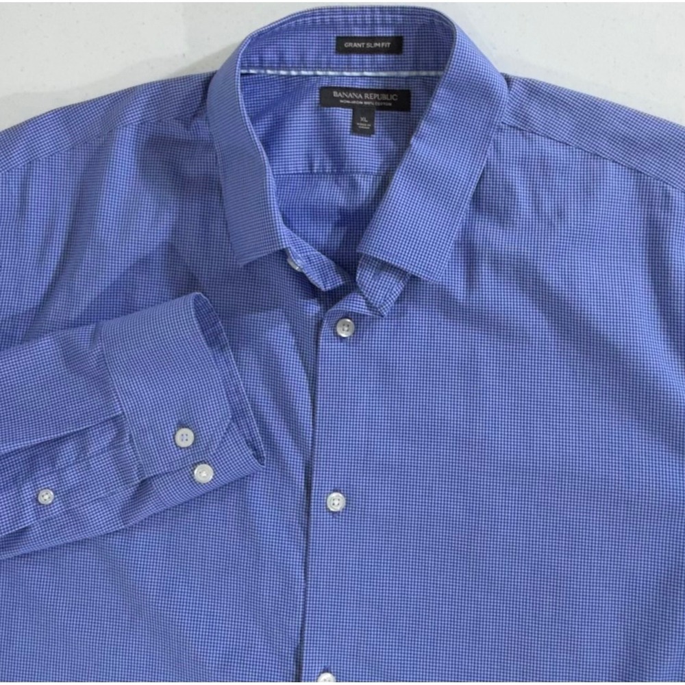Banana Republic Button Up Shirt XL Blue Grant Slim Fit Non-Iron Cotton Gingham